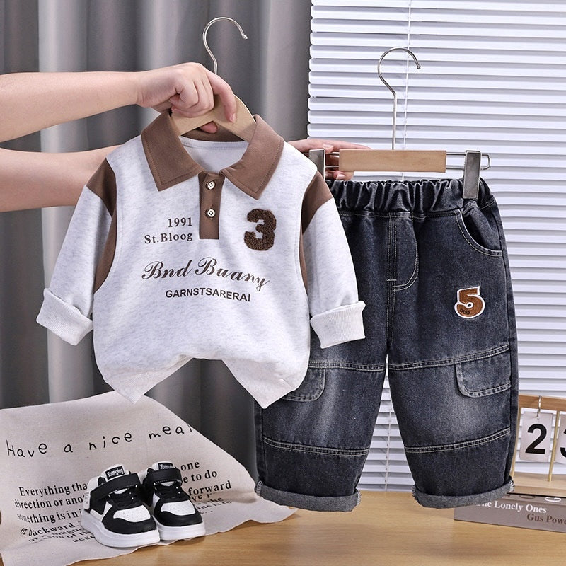 Boys' Outfit Turn-down Collar 2026 New Style Children's Two-piece Set with Contrasting Colors Fashionable Baby Spring and Autumn Trendy Clothing
