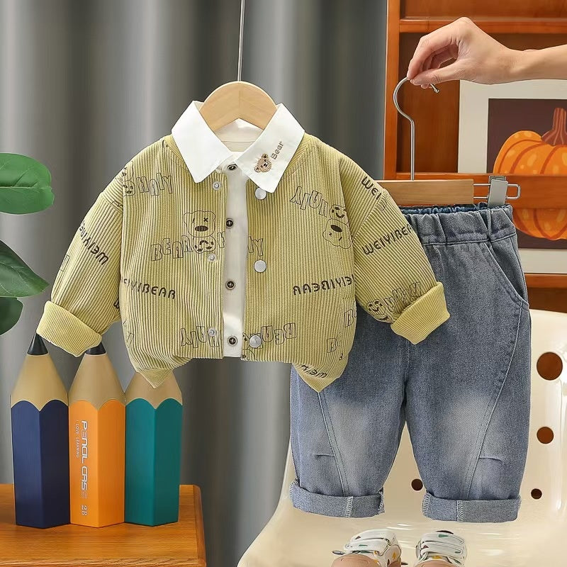 Clothes Spring and Autumn, Cute Casual Bear Shirt Boys, Long Sleeve Three-Piece Set for 0-2 Year Olds, Baby Jacket