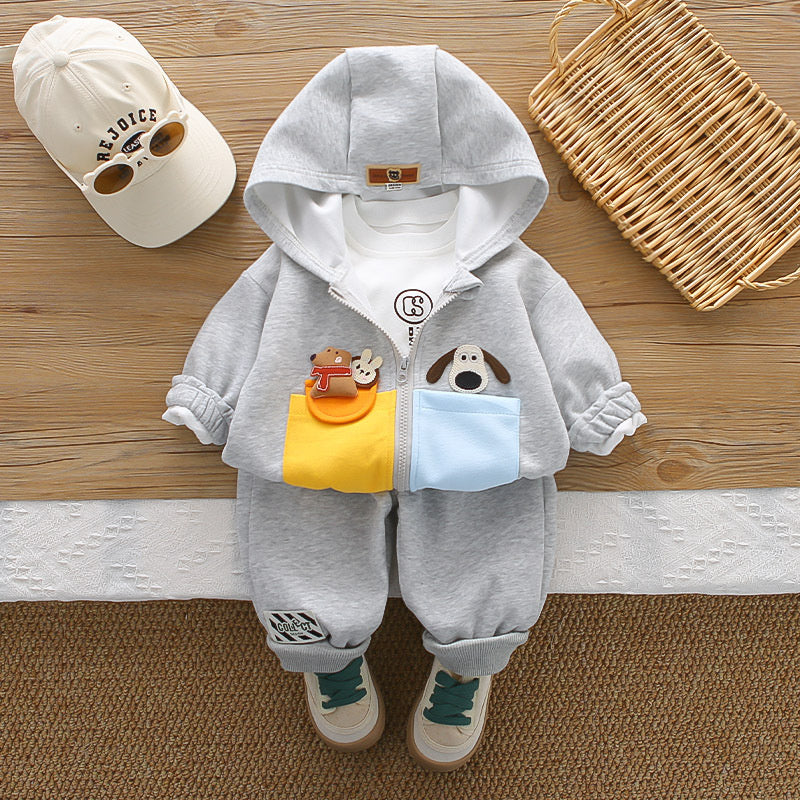New Outfit Boys: Stylish Baby Three-Piece Set with Double Pockets Cartoon Hooded Jacket for Infants Children in Spring and Autumn