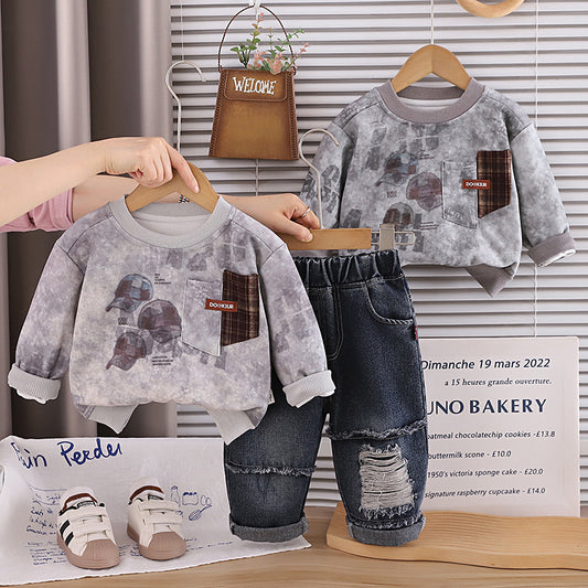 Boys' Spring Autumn Outfit 2026 New Fashionable Children's Hat and Sweatshirt Korean Style Casual Jeans Two-Piece Set Trendy
