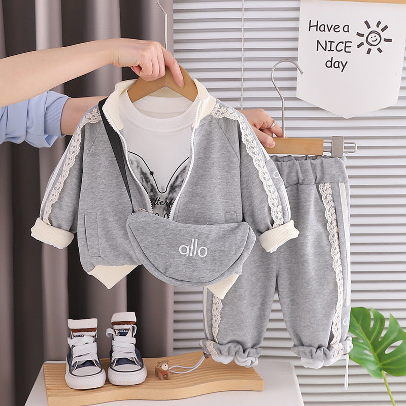 Girls' Spring Outfit Set, Stylish 2026 New Clothes for Girls, Baby Girl's Lace Trim Crossbody Bag Three-Piece Set