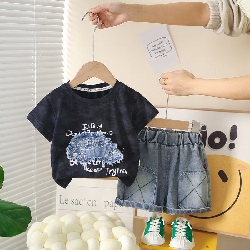 Boys' Outfit 2026 New Model: Toddler Patchwork Car Short-Sleeve Children's Clothing Baby Summer Two-Piece Set