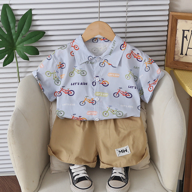 Boys' Outfit 2026 New Children's Cartoon Bicycle Shirt Short Sleeve Baby Summer Casual Two-Piece Set