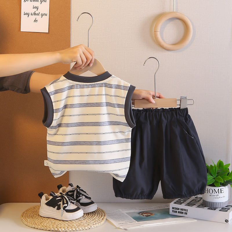 Baby Outfit Set 2026 New Model Boys' Striped Buttoned Puppy Vest Shorts Infant Children's Clothing Toddler Summer Wear