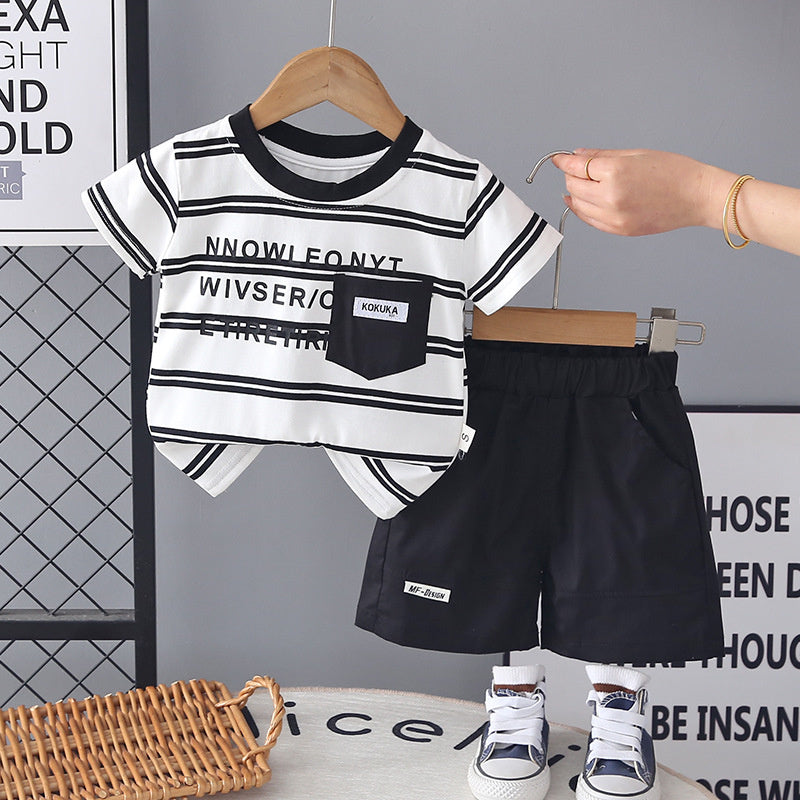 Boys' Short-Sleeve Two-Piece Set 2026 New Baby Summer Casual Clothes Trendy Striped English T-Shirt Outfit