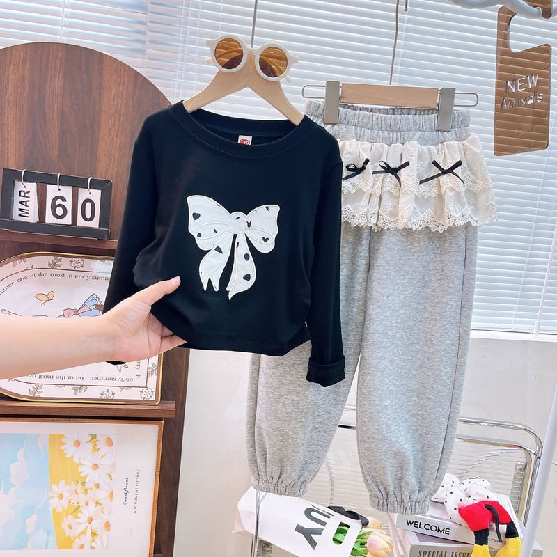 Girls' 2025 Autumn New Children's Clothing Set: Bowknot Long Sleeve Top and Lace Patchwork Sweatpants Two-Piece Set