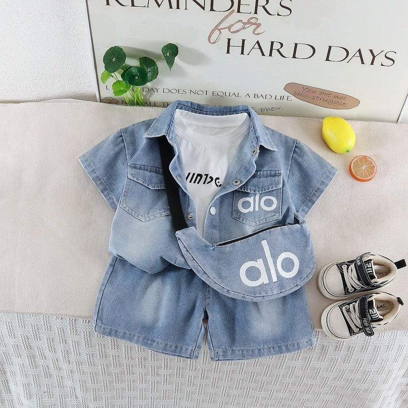 Outfit 2026 New Boys' Clothing Summer Baby Denim Letter Bag Three-Piece Set Short Sleeve Children's Korean Style