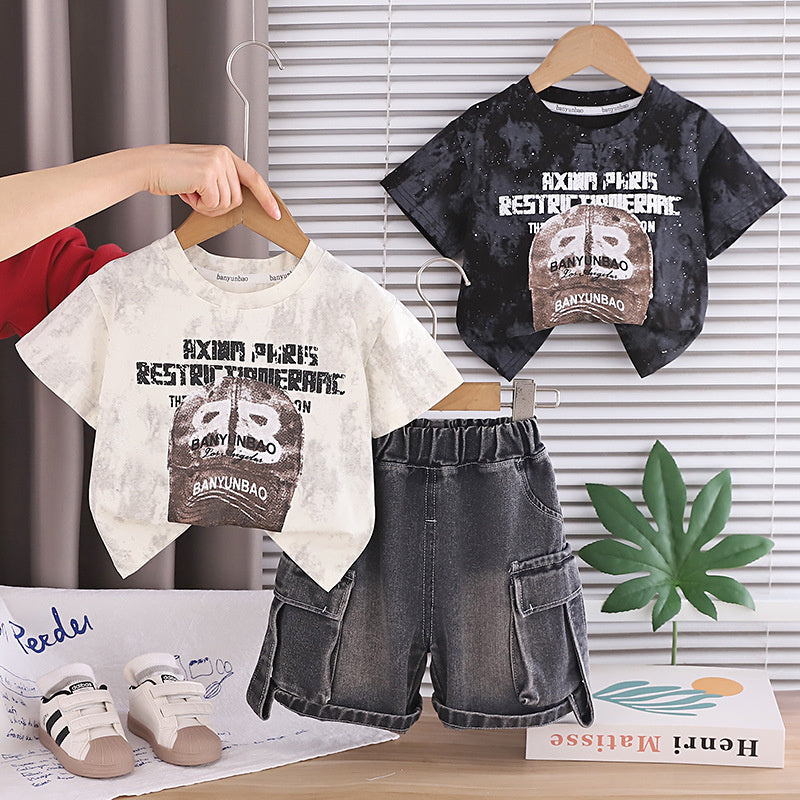 Baby Outfit Set 2026 New Model Boys' Letter Print Hat Short Sleeve Shorts Infant Children's Clothing Stylish for Toddlers in Summer