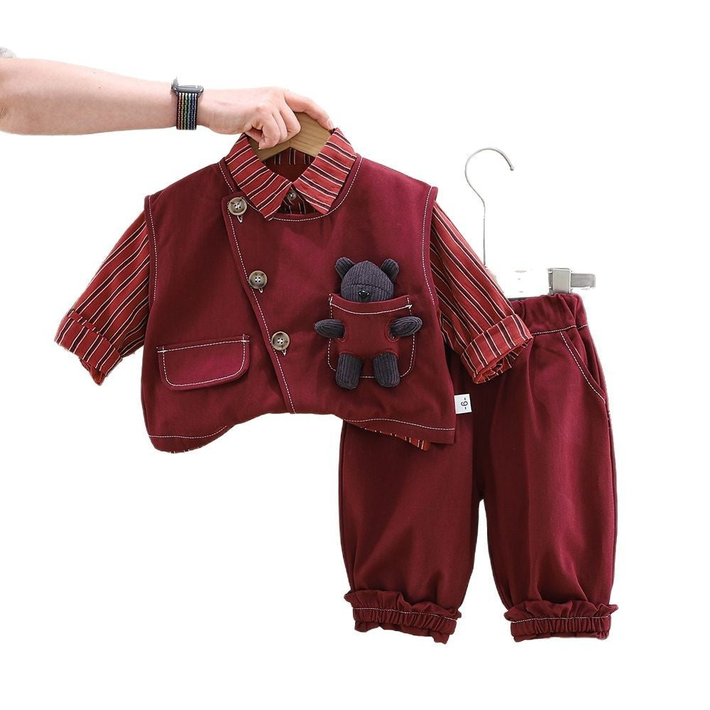 Baby Boy and Autumn Outfit 2025 New Spring 3D Bear Striped Shirt Vest Three-Piece Set Children's Clothing