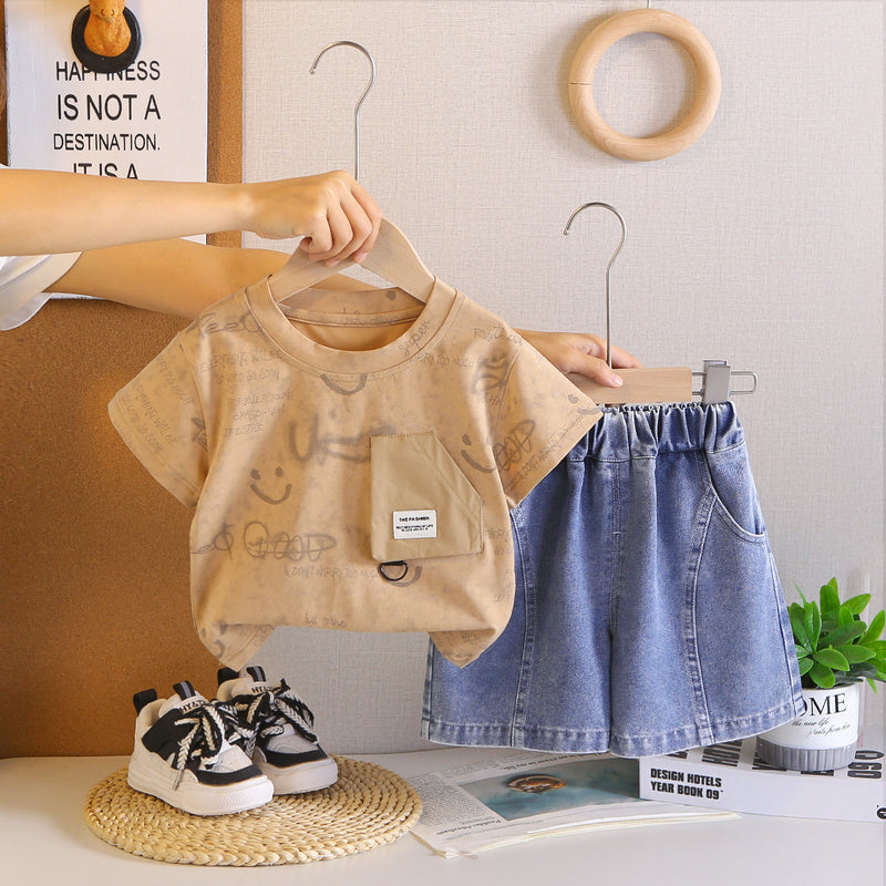 Boys' Summer Outfit 2026 New Short-Sleeve Stylish Children's Smiley Face Pocket Round Neck Casual Baby Two-Piece Set Trendy