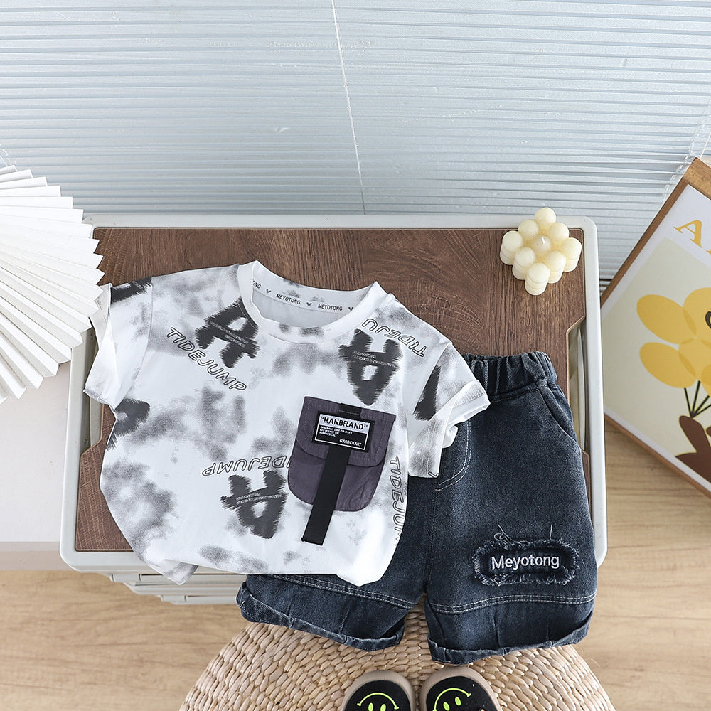 Boys' Outfit 2026 New Style Infant Children's Full-Print Letter Round-Neck Short-Sleeve Two-Piece Set Stylish Baby Summer Wear
