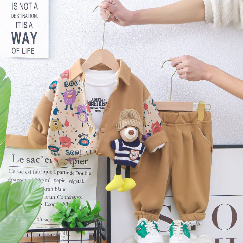 Children's Clothing Boys Spring and Autumn 2025 New Fashionable Baby Patchwork 3D Bear Three-Piece Set Dropshipping
