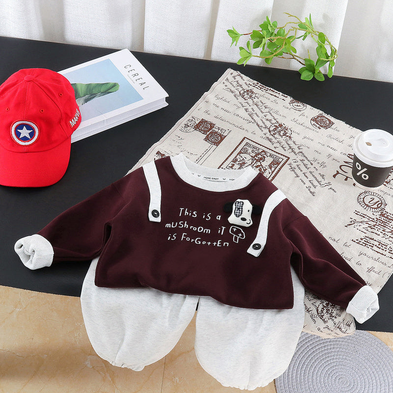 Boys' Autumn Outfit Cute Dog Print Shoulder Strap Sweatshirt Two-Piece Set Baby Stylish Fashionable Toddler Clothes Infant Clothing