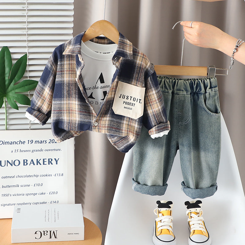 Boys' 2025 Outfit 1-2-3 Years Old Baby Color Block Shirt Jacket Children's Spring Autumn Three-Piece Set Kids' Clothing
