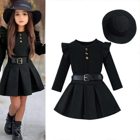 2025 European American Cross-Border Autumn New Girls' Solid Color Flutter Sleeve Top + Pleated Skirt with Belt and Hat Four-Piece Set