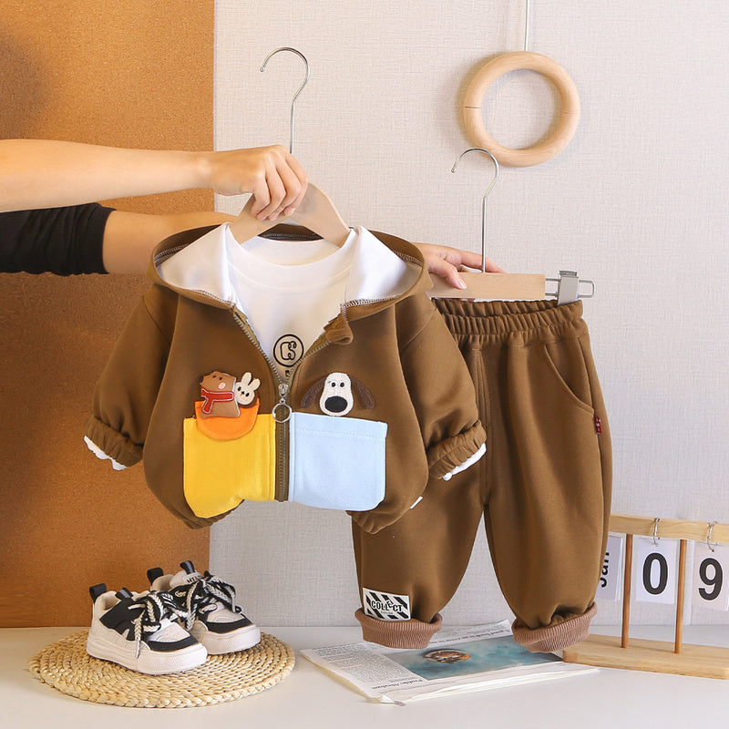 New Outfit Boys: Stylish Baby Three-Piece Set with Double Pockets Cartoon Hooded Jacket for Infants Children in Spring and Autumn