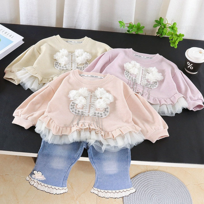 Girls' Outfit 2026 New Style Baby Girls Toddlers, Stylish Korean Version with Floral Lace Two-Piece Set for Spring and Autumn