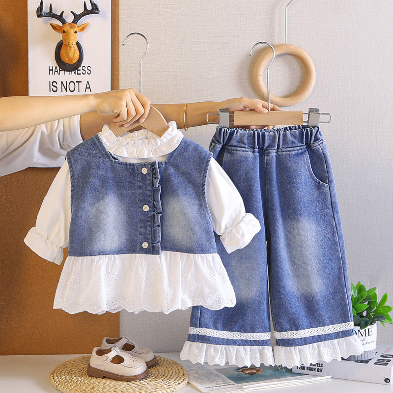 Girls' Outfit 2026 New Fashionable Spring and Autumn Pants, Baby Girl Denim Skirt, Long Sleeve Three-Piece Set