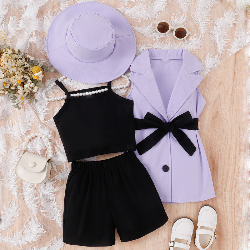 European American summer girls' outfit: four-piece set for young children including camisole, shorts, sleeveless blazer, and hat
