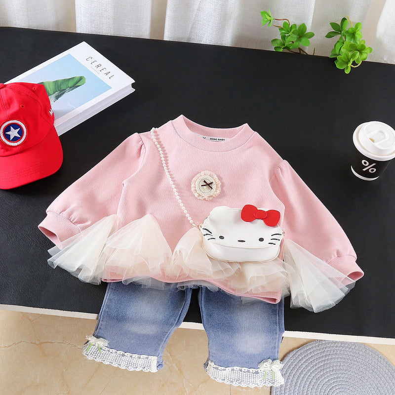 Girls' Spring and Autumn Outfit 2026 New Style Baby Casual Stylish Sweatshirt Children's Long Sleeve Cat Print Two-Piece Set