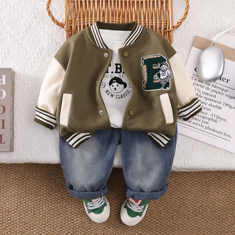 2025 New Little Boys' Spring and Children's Autumn Outfit Towel Embroidered Baseball Jacket Three-Piece Set