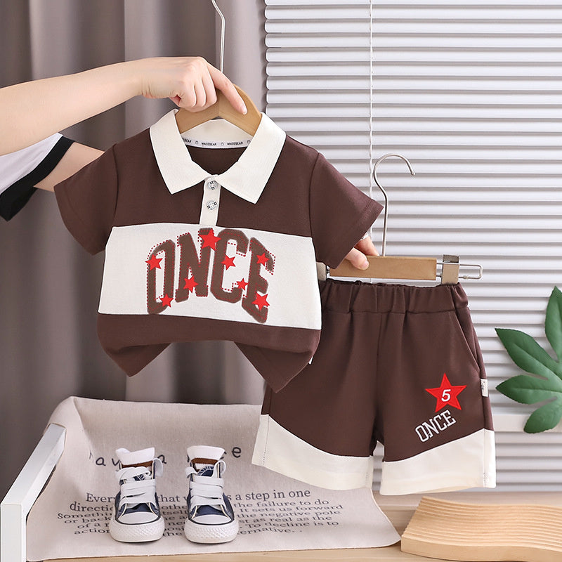Korean-style boys' summer outfit 2026 new model baby English letter color-blocking turn-down collar short-sleeve button-front children's two-piece set