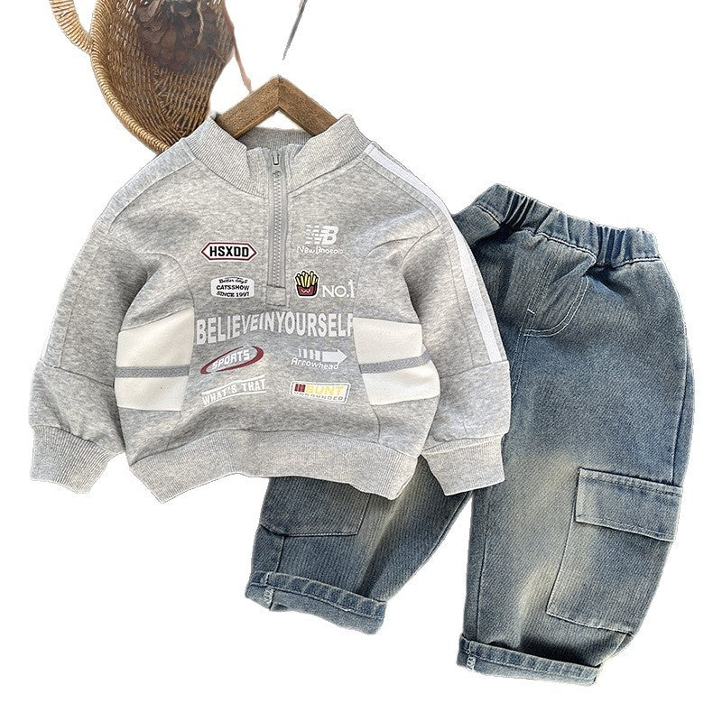 Boys' sports suit spring autumn, motorcycle-style half-zip sweatshirt, long-sleeve casual two-piece set, cool stylish autumn outfit for infants and toddlers