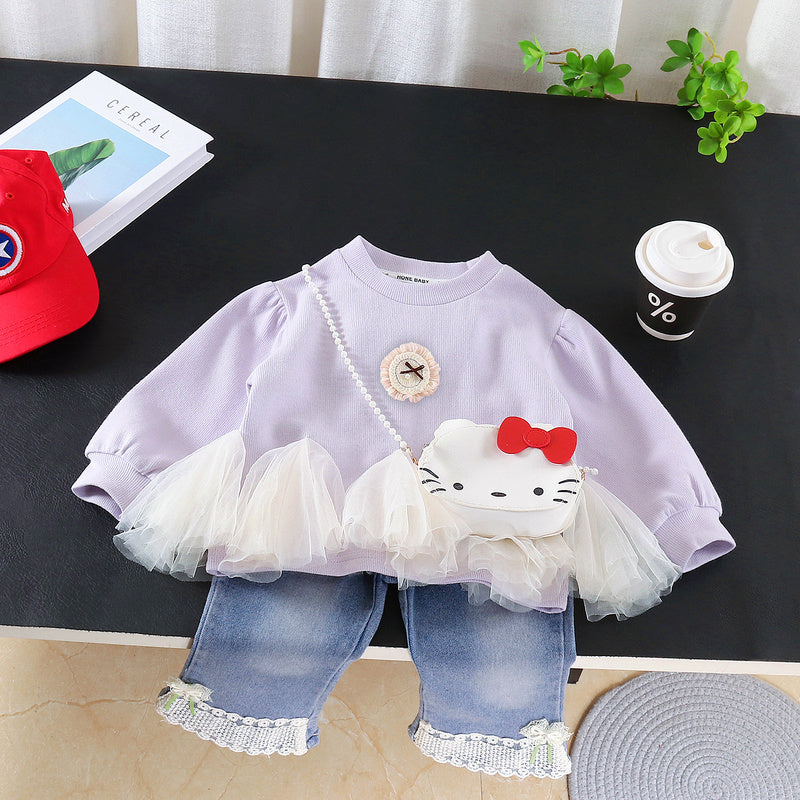 2026 New Girls' Spring and Autumn Outfit Baby Casual Stylish Sweatshirt Children's Long Sleeve Cat Bag Two-Piece Set