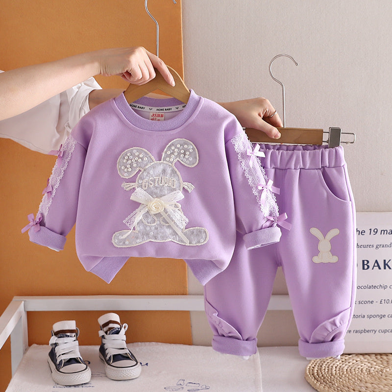 Girls' Outfit Set, Stylish Fashionable, for 0-3 Year Old Baby Girls, Spring and Autumn Beaded Rabbit Clothes, Infant Children's Clothing