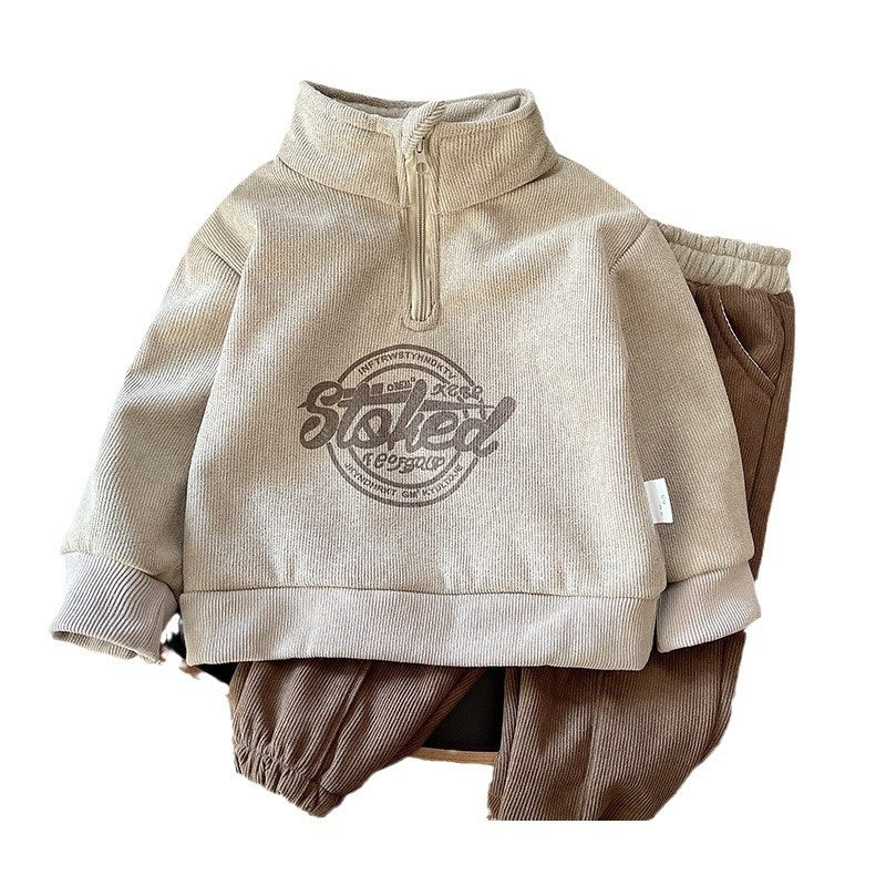 Baby Boy Fleece-Lined Half Turtleneck Zipper Set Toddler Autumn 2 Infant Clothes 3 Children's Clothing 1 to 4 Years Old Boys Winter
