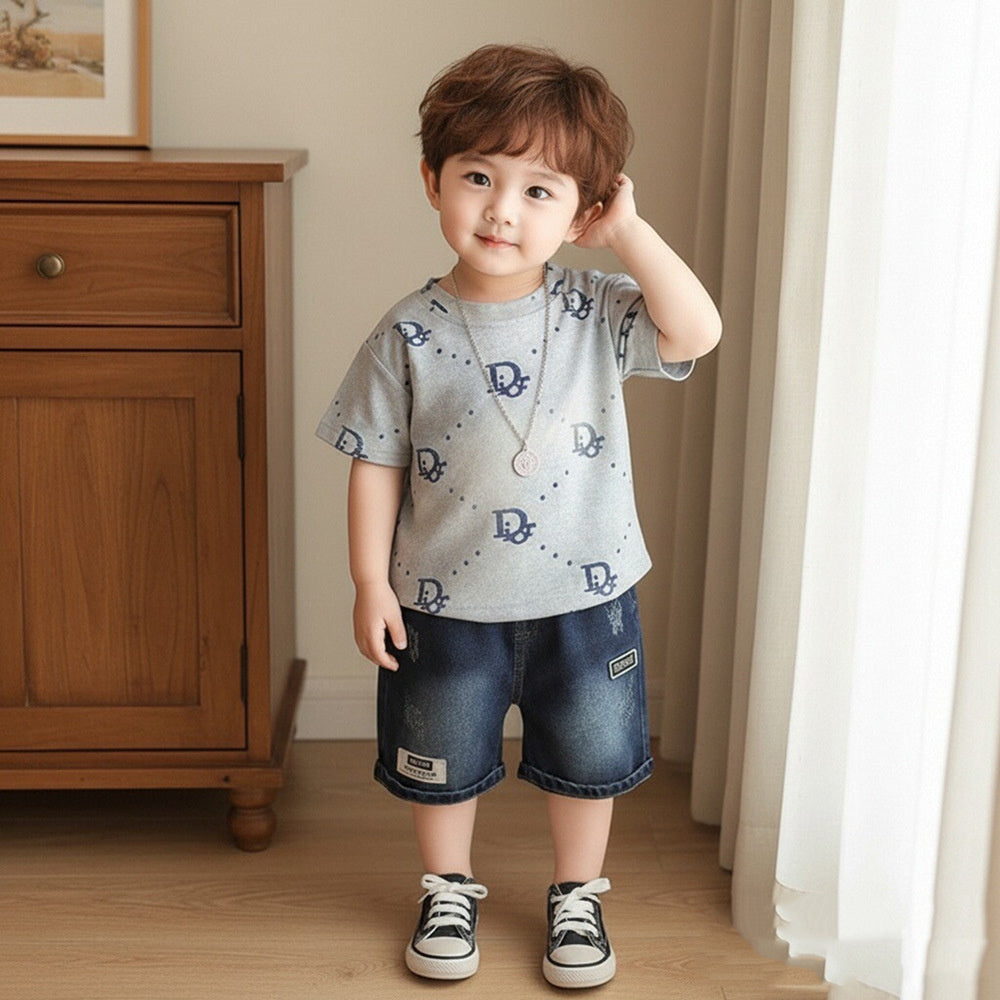Boys' Outfit 2026 New Fashionable Toddler Summer Outfit, Round Neck Letter Print Short Sleeve Thin Clothing for Little Boys