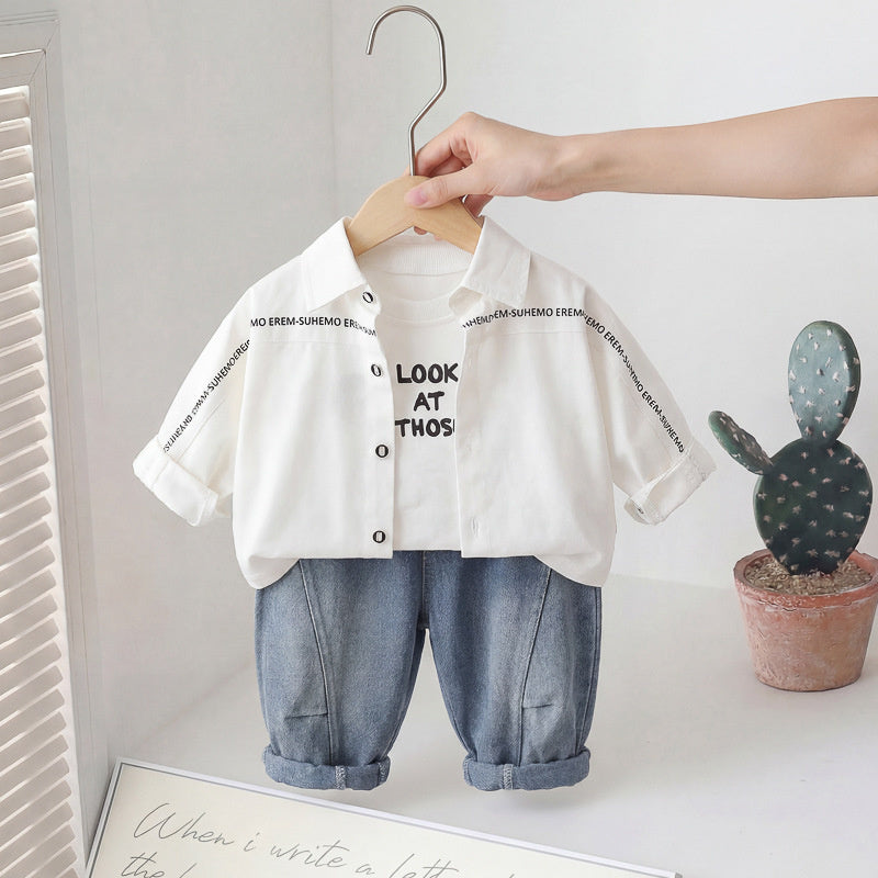 Boys' Spring and Autumn Suit 2026 New Fashionable Korean Style Casual Long Pants Tie Shirt Three-Piece Set Trendy