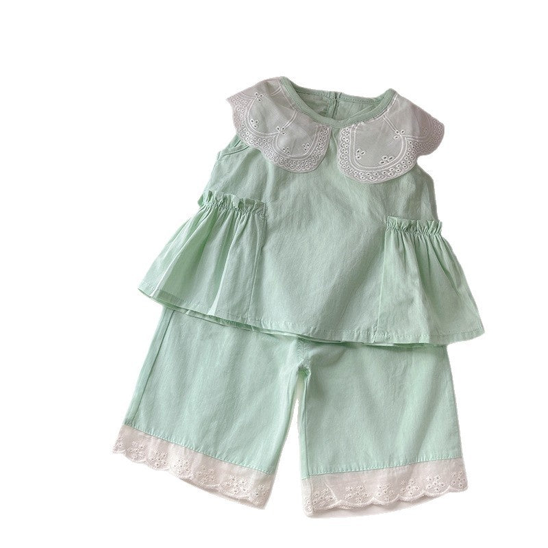 Baby Sleeveless 2026 New Girls' Clothes Summer Outfit Embroidered Collar Shorts Infant Two-Piece Set