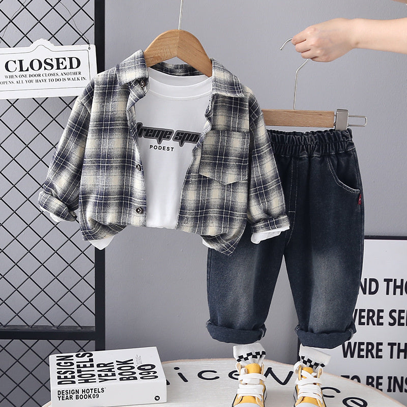 Boys' Spring Outfit 2025 New Stylish Plaid Shirt Little Boy Handsome Fashion Casual Long Pants Three-Piece Set