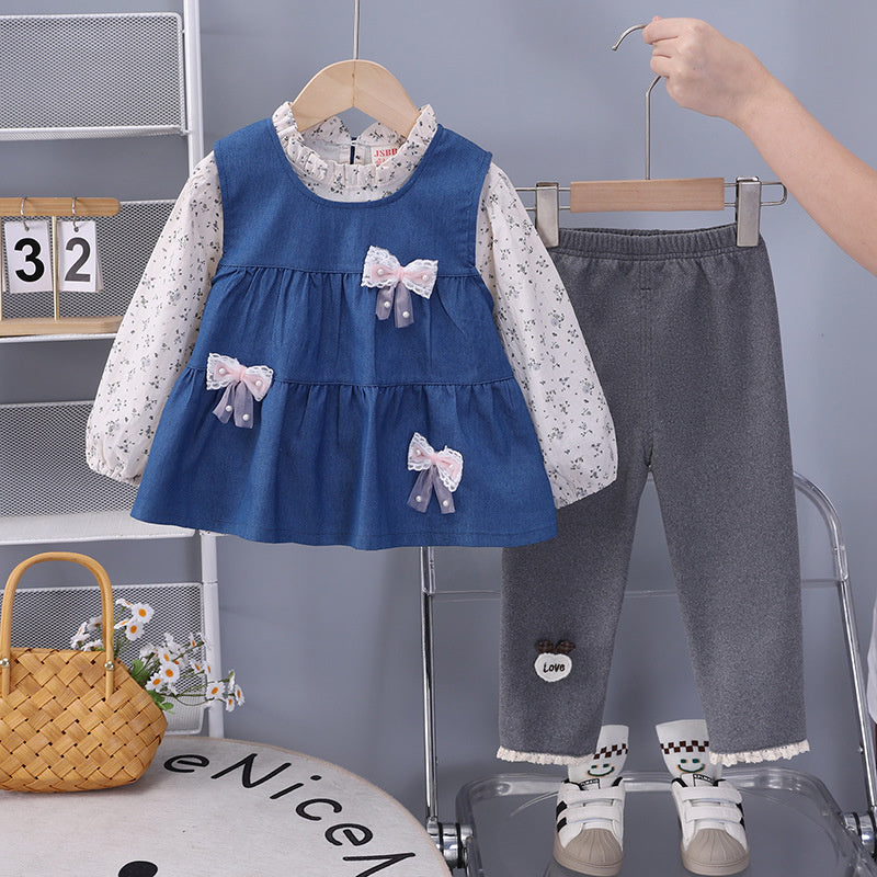 Baby Outfit Stylish Infant Clothes Girl Spring and Autumn Denim Three Bowknot Vest Three-Piece Set