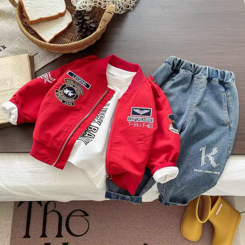 Boys' Outfit 2025 New Children's Spring and Autumn Stylish Baseball Jacket Long Sleeve Three-Piece Set for Babies
