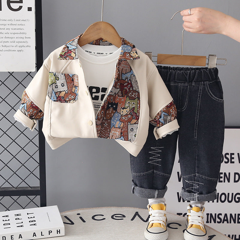 Boys' Autumn Outfit 2026 New Korean Style Round Pocket Leather Jacket Three-Piece Set for Toddlers, Stylish Children's Clothing
