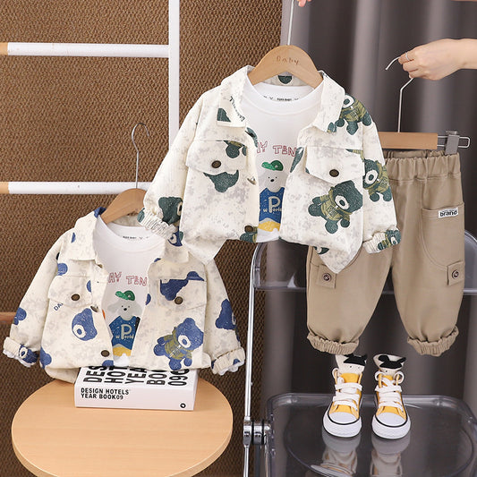 Children's Clothing Boys Spring and 2024 New Full Print Bear Workwear Three-Piece Set Baby Autumn Toddler Clothes Kids