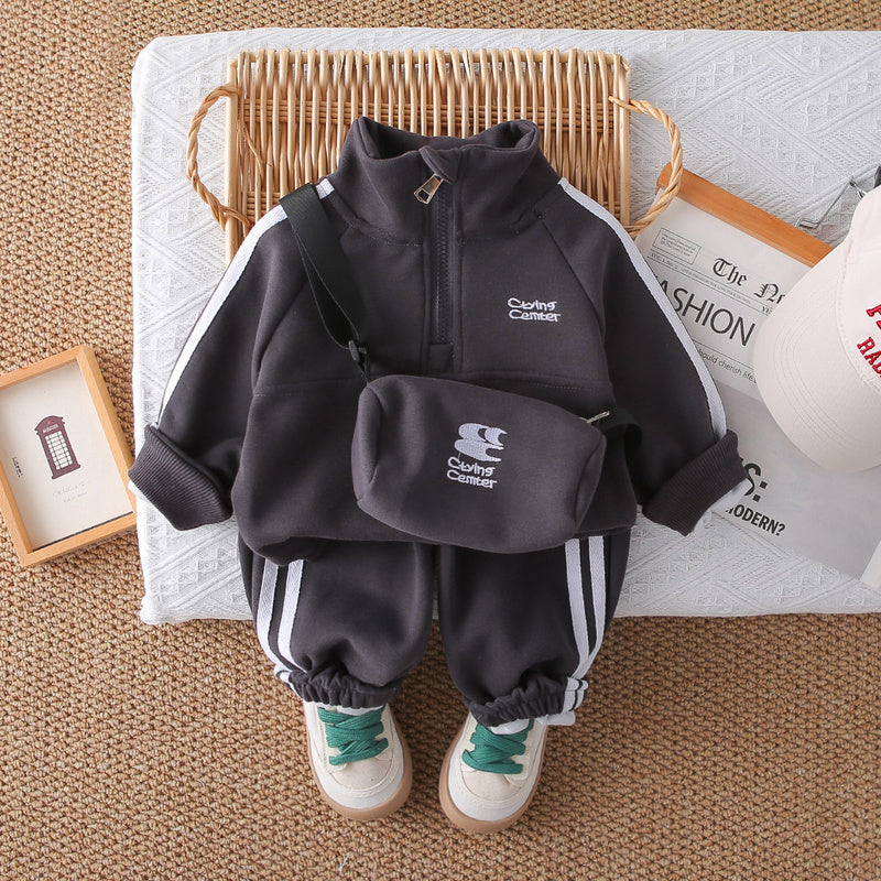 Boys' Autumn Outfit 2025 New Style Children's Long-Sleeve Clothes Stylish Baby Two-Piece Set with Half-Zip Jacket and Crossbody Bag