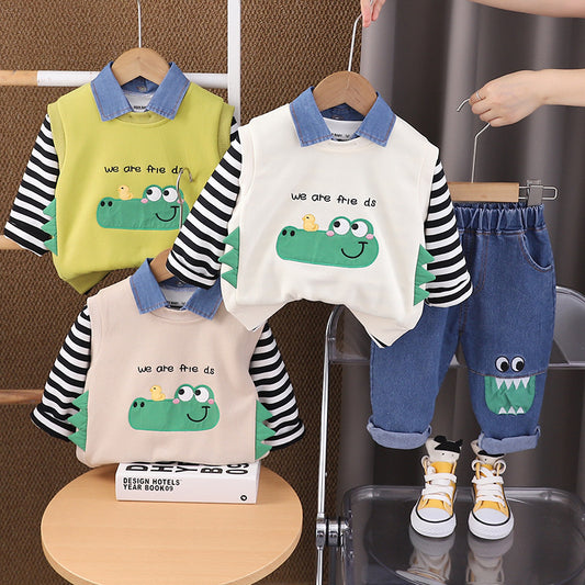 Children's Clothing Boys' 2024 New Cute Crocodile Vest Three-Piece Set Baby Autumn Stylish Cartoon Kids