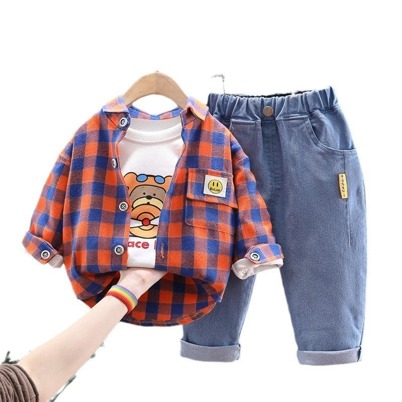 Children's Outerwear Baby Girls Spring and Autumn Outfit 1-4 Years Old Foreign Trade Boys Plaid Shirt Denim Three-Piece Set 2
