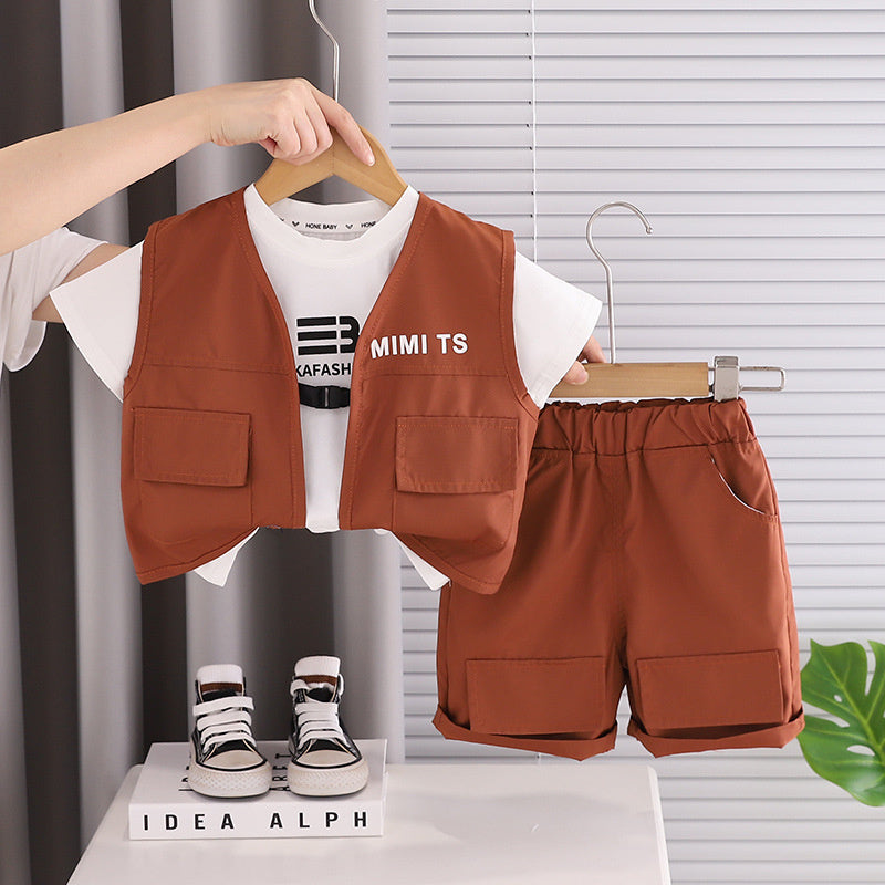 Boys' Outfit 2026 New Fashionable Children's Short-Sleeve Summer Korean Style Letter Vest Three-Piece Set Trendy