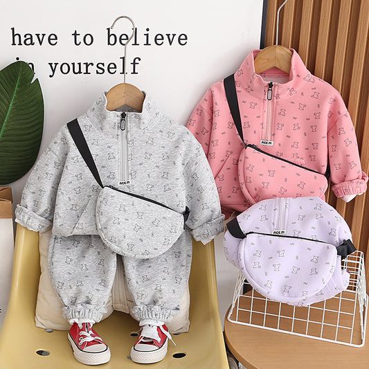 Korean-style boys' outfit casual baby spring bear bag sweatshirt two-piece set, infant and toddler clothing