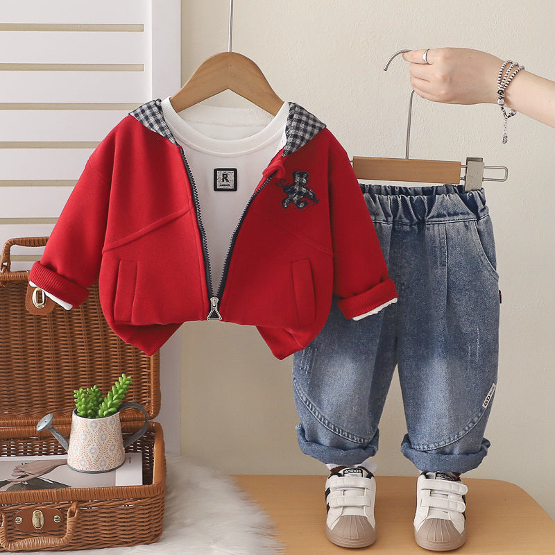 Children's Clothing 1-2-3-4 Years Old Boys Plaid Hooded Bear Three-Piece Set Baby Spring and Autumn Outfit Wholesale