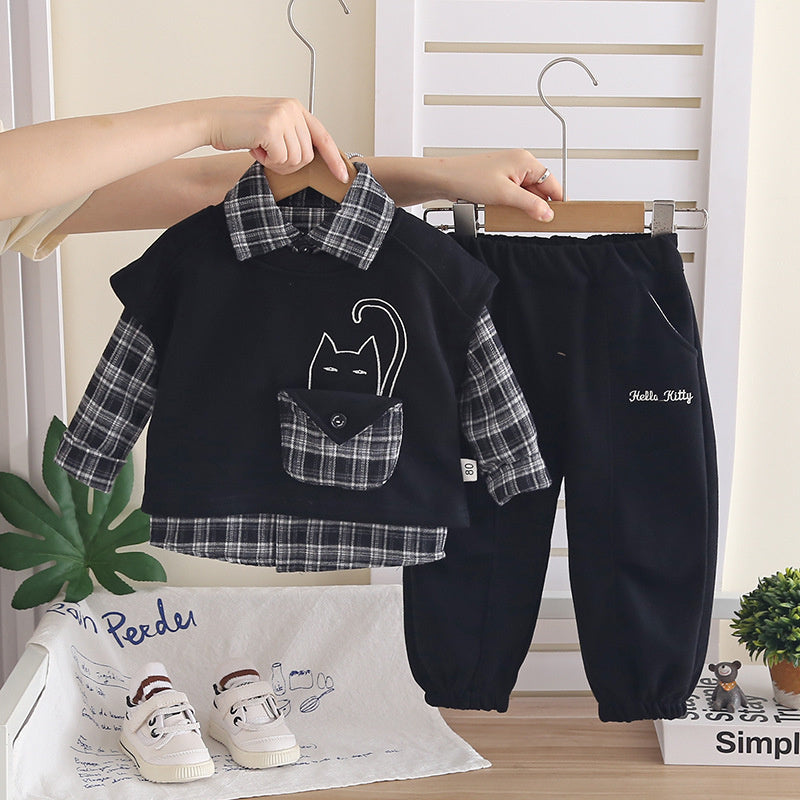 Cute Plaid Pocket Cat Three-Piece for Boys 2026 New Spring and Autumn Outfit Baby Vest Korean Style Stylish Set