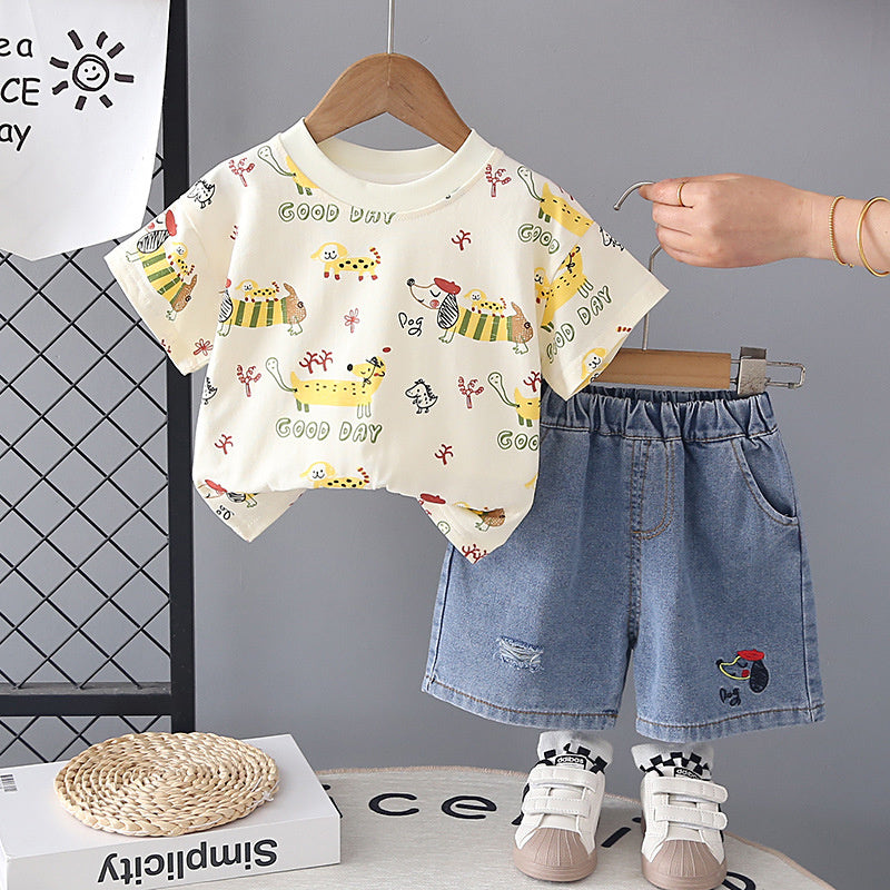 Boys' Summer Outfit: Children's Short-Sleeve Shirt with Dog Print and Denim Shorts Two-Piece Set for 1-3 Year Old Boys