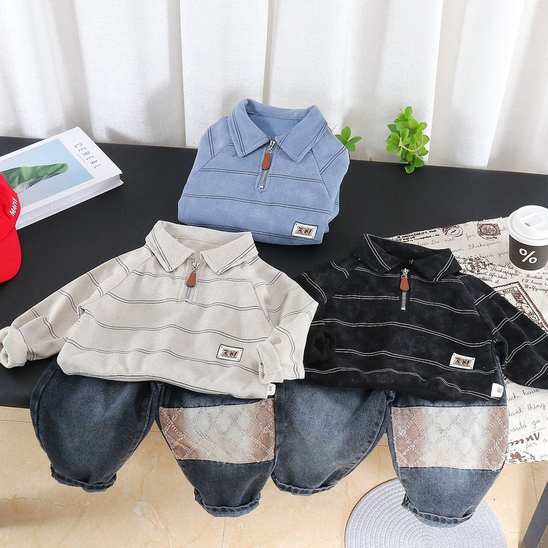 Boys' Outfit 2026 New Children's Spring and Autumn Lapel Fine Striped Sweatshirt Fashionable Two-Piece Set for Trendy Babies