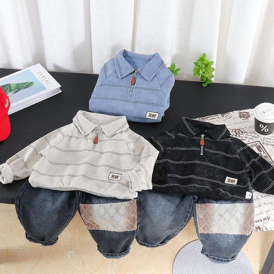 Boys' Outfit 2026 New Children's Spring and Autumn Lapel Fine Striped Sweatshirt Fashionable Two-Piece Set for Trendy Babies