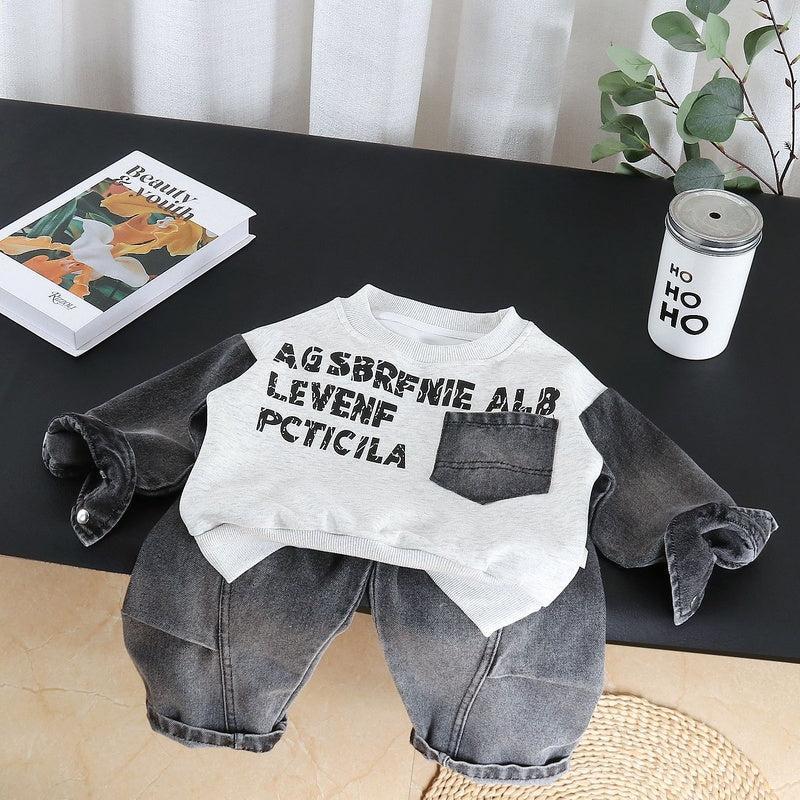 Boys' Sports Suit 2026 Spring and Autumn New Denim Pocket Sweatshirt Two-Piece Set Children's Baby Clothes