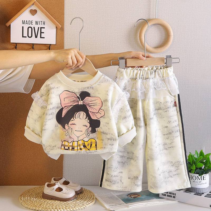 Girls' Autumn Outfit 2026 New Fashionable Bowknot Little Girl Sweatshirt Two-Piece Set Baby Children's Trendy Clothing